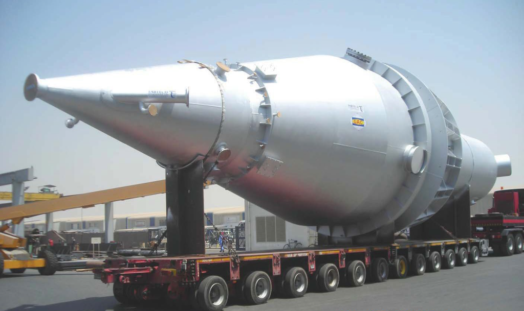 Large horizontal vessel on red trailer