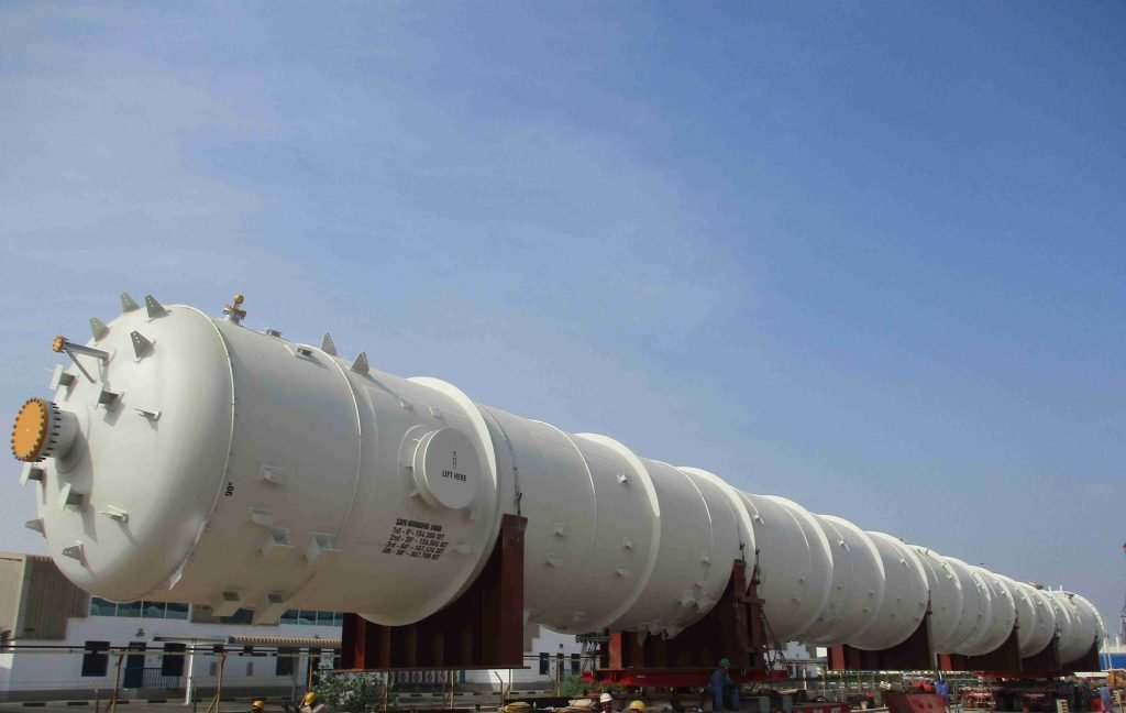 Another splitter column with flanged ends loaded for delivery