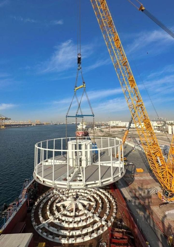 Cable carousel frame being assembled on offshore deck.