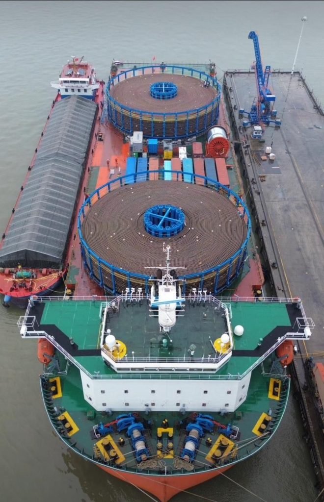 Offshore supply vessel with a carousel system on board.