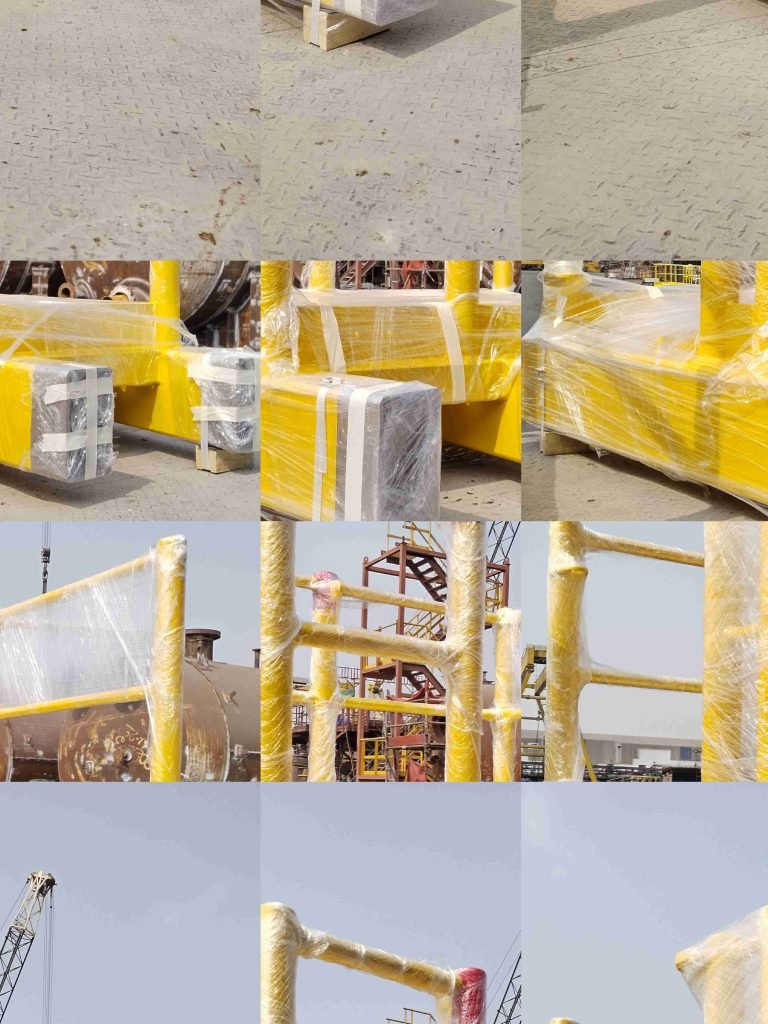 Intermediate platform structure with handrails and support frames, positioned outdoors.