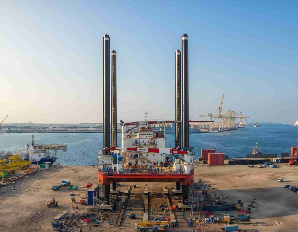 Jack-Up Barge under construction at dockside with cranes and equipment.