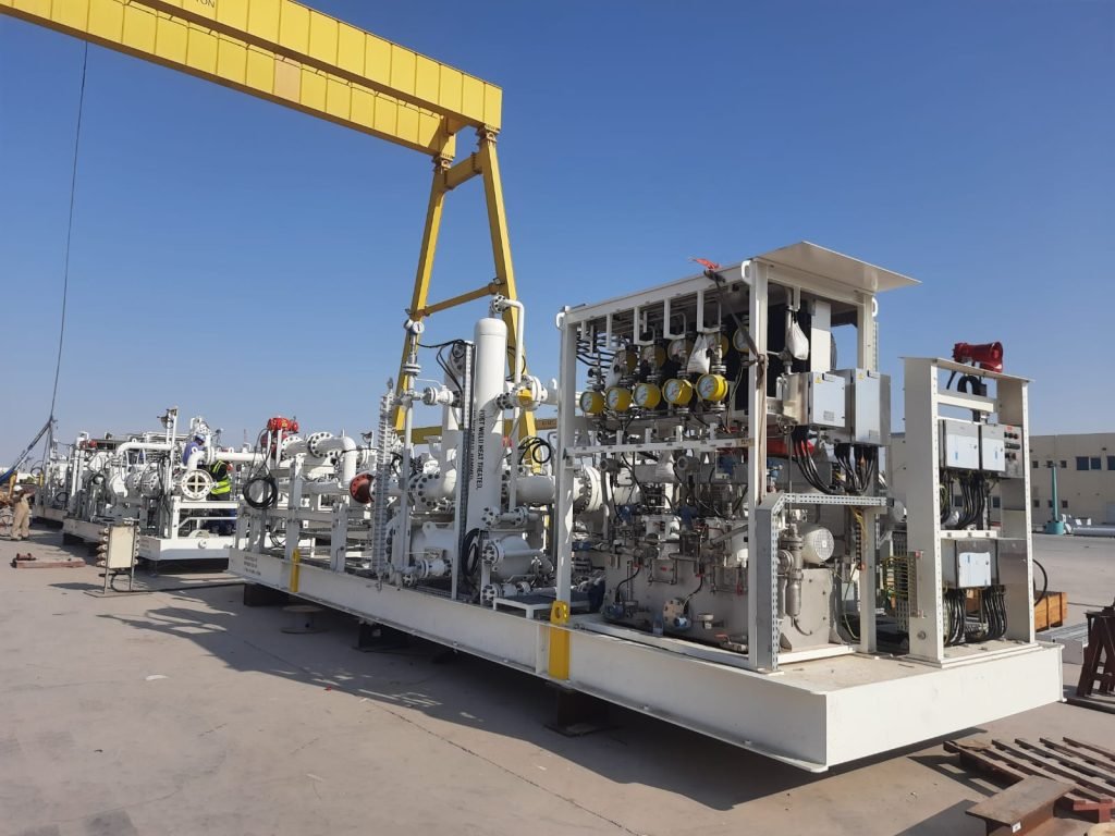 White skid unit with yellow crane