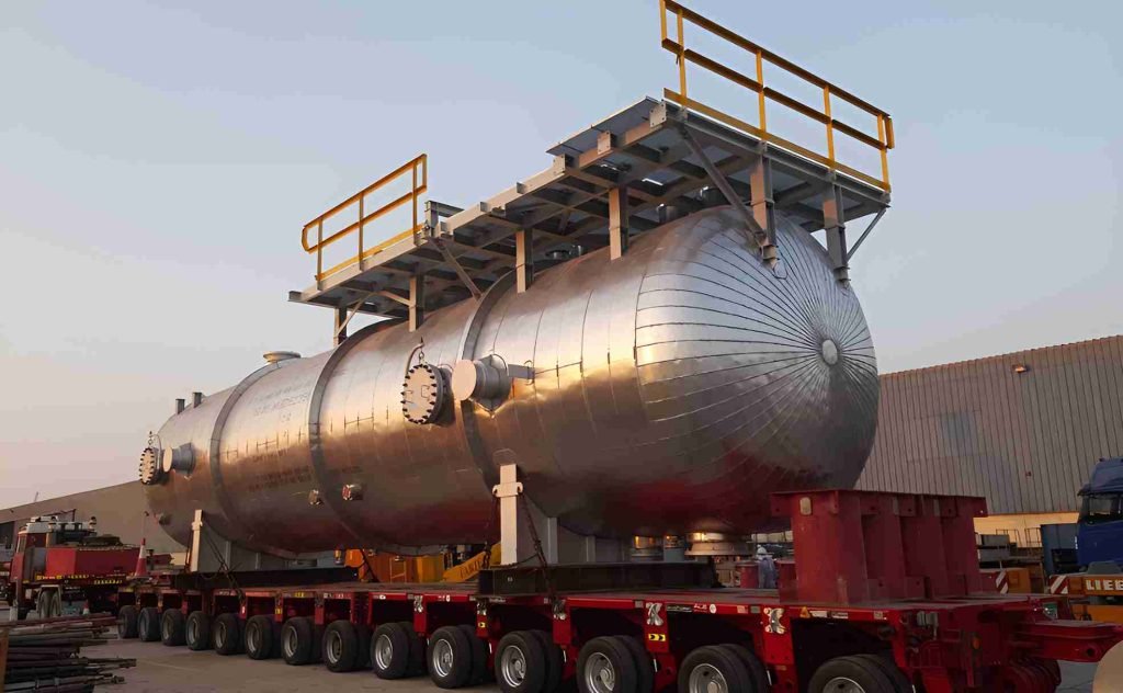 Vessel on red-painted transport support